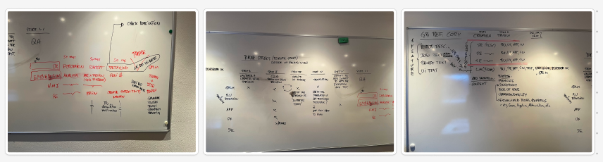 Early whiteboarding — mapping actors, phases, and handoffs before formalizing the workflow (blurred for client confidentiality)