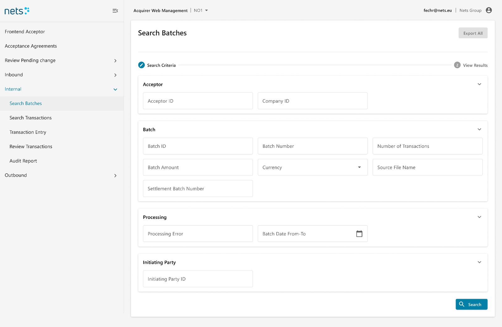 Acquirer Web Management — Search Batches criteria (blurred for client confidentiality)