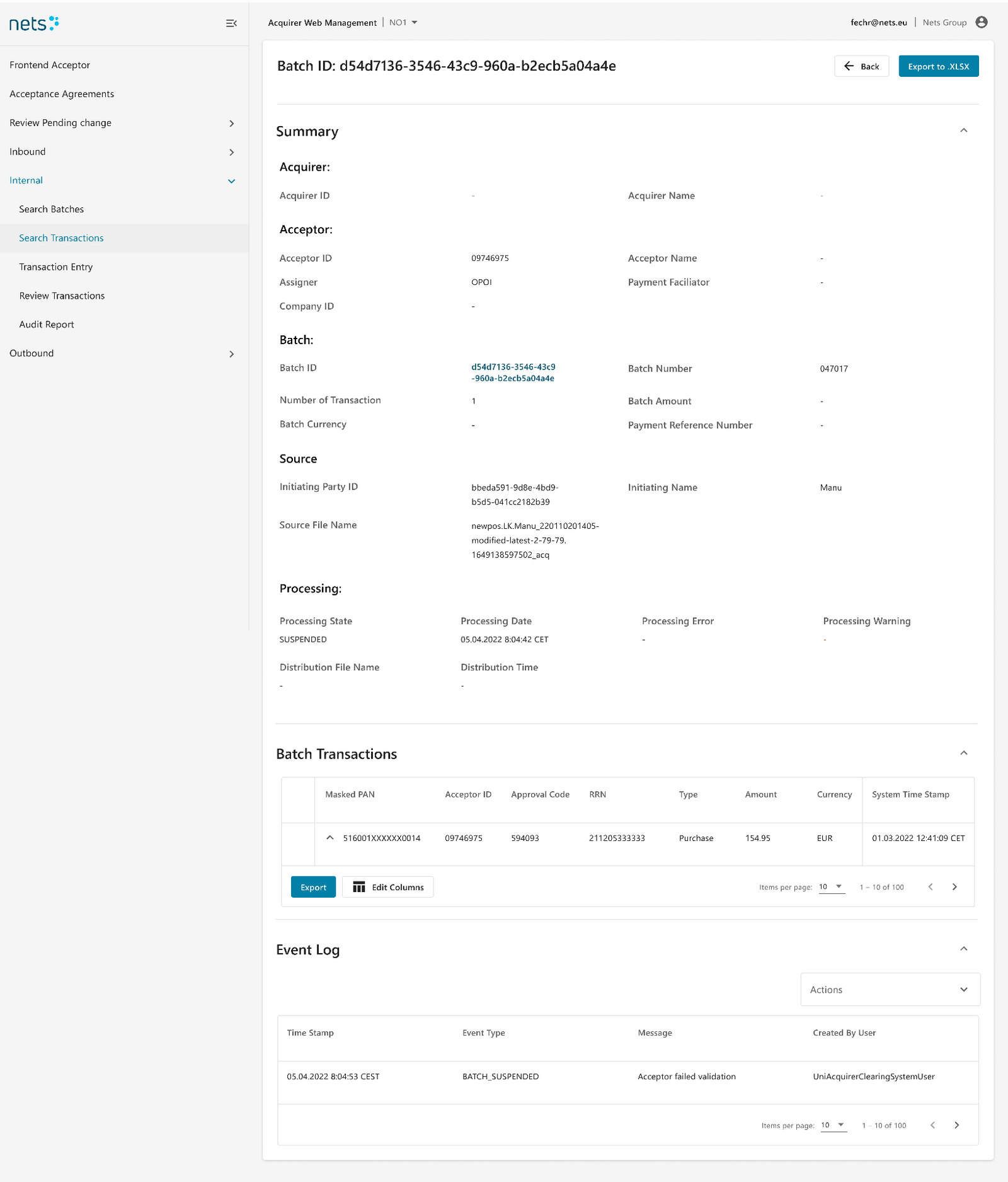 Batch detail — summary, transactions, and event log (blurred for client confidentiality)