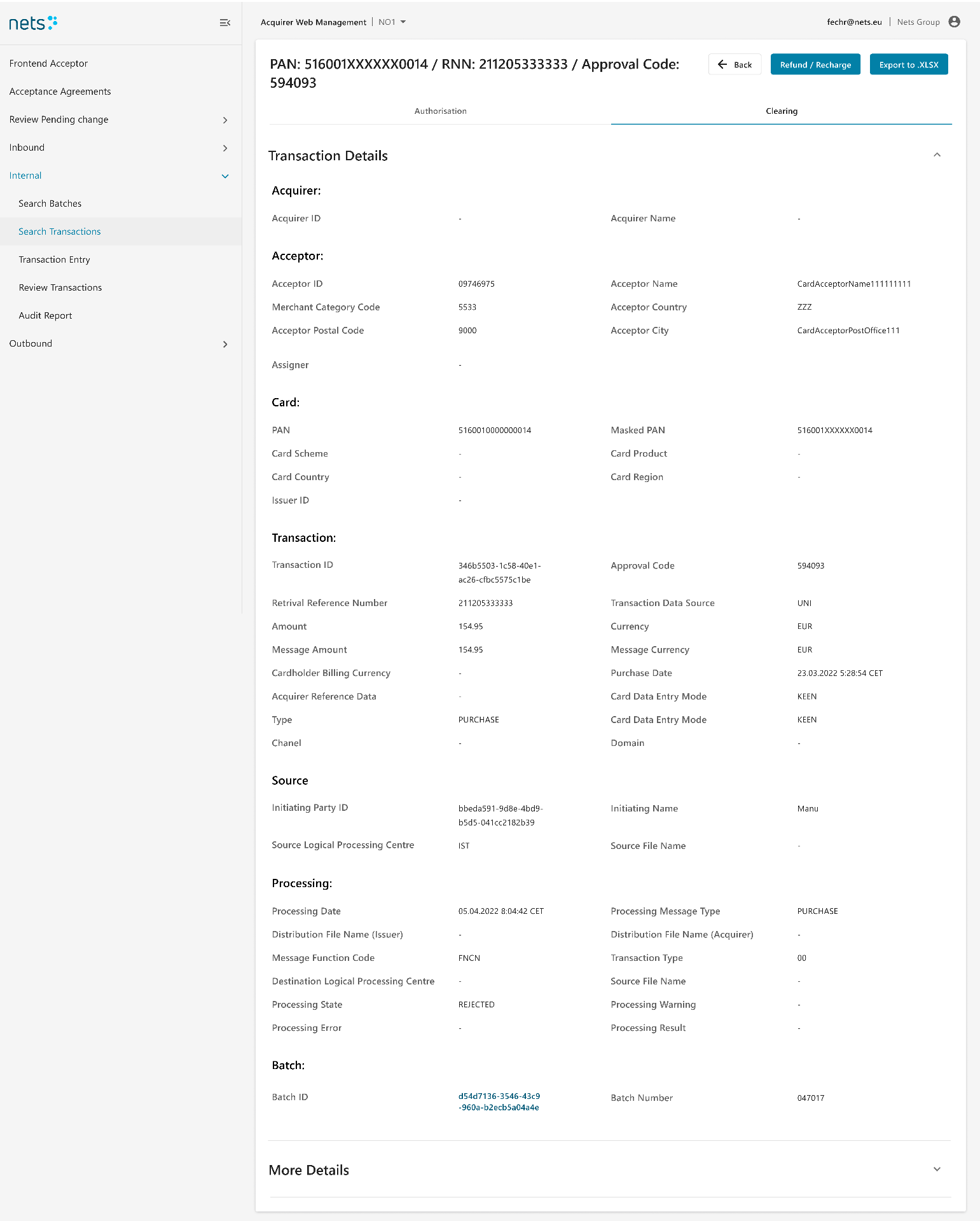 Transaction detail — authorisation and clearing views (blurred for client confidentiality)