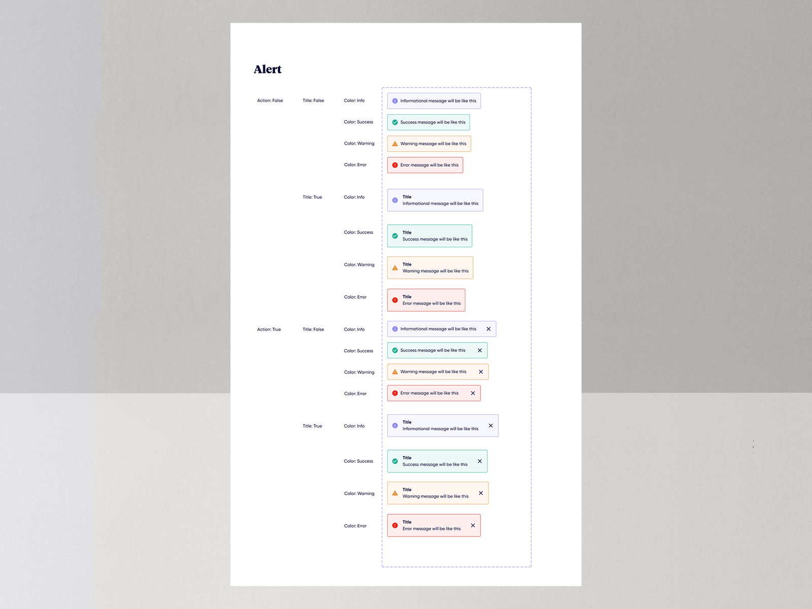 Alert components across info, success, warning, and error, with title and action variants