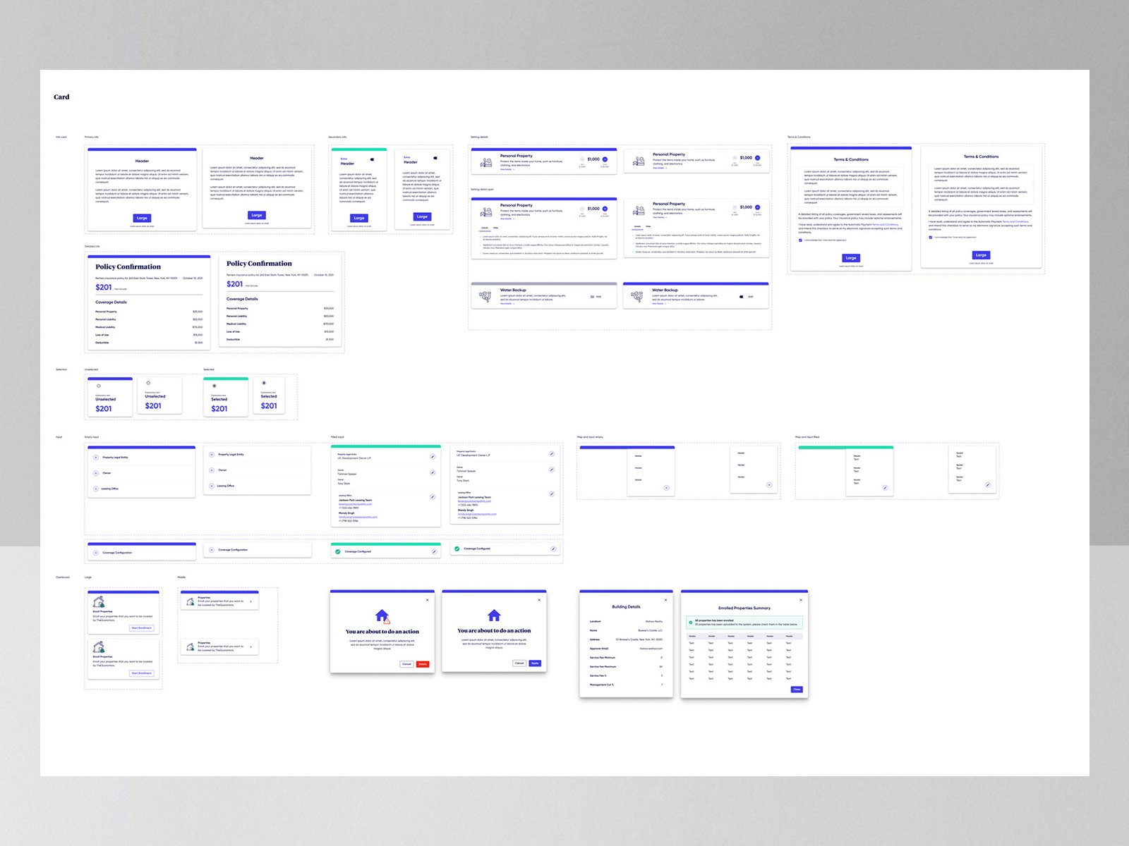 Card patterns — info, details, selection, input, and dashboard variants