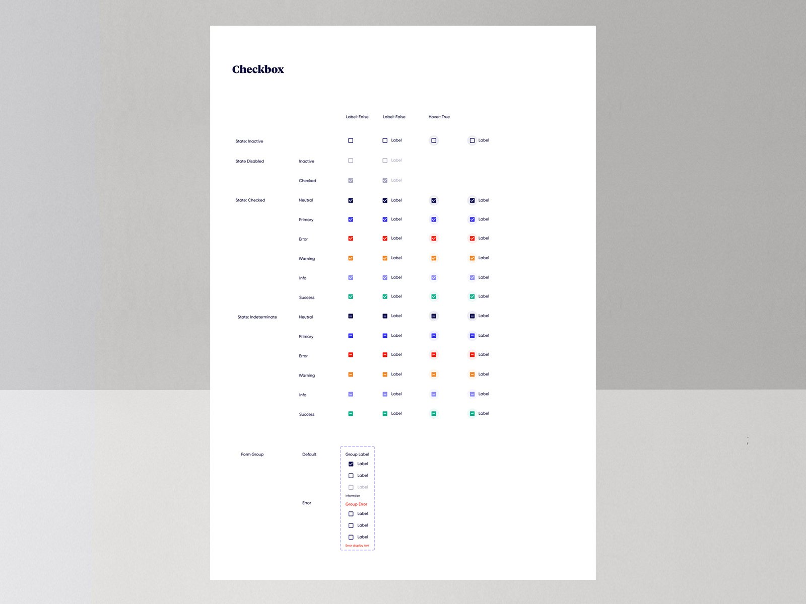 Checkbox states — inactive, checked, indeterminate, and form group patterns
