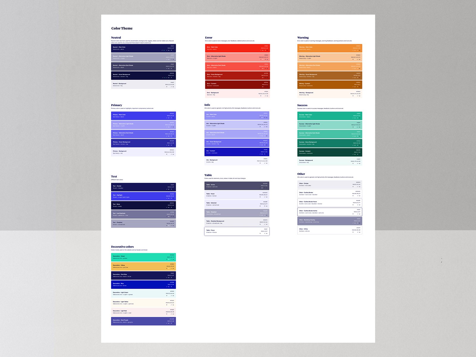 Color theme — semantic palette, states, and decorative colors