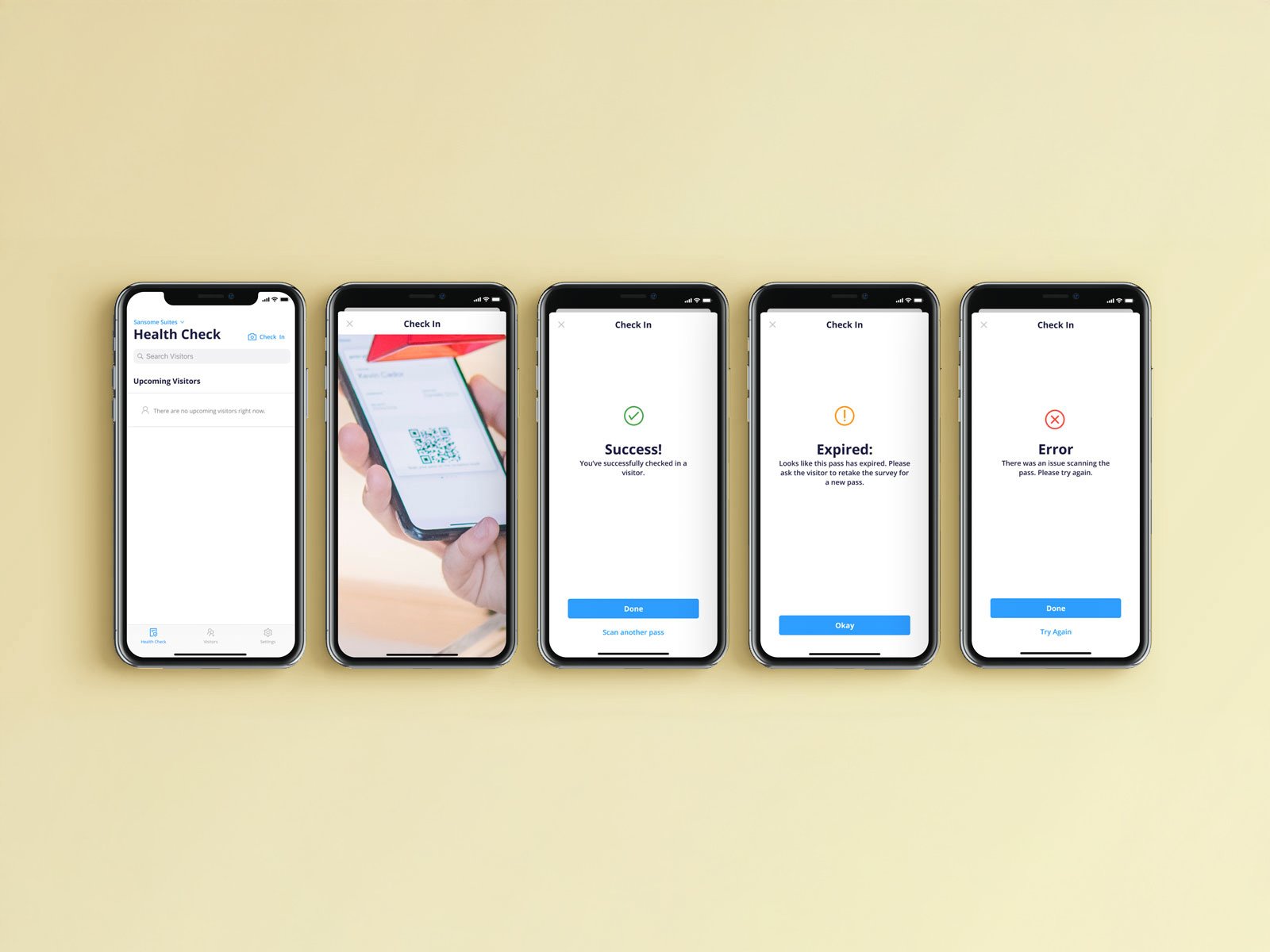 Guard-facing check-in flow: scan pass → success, expired, or error states
