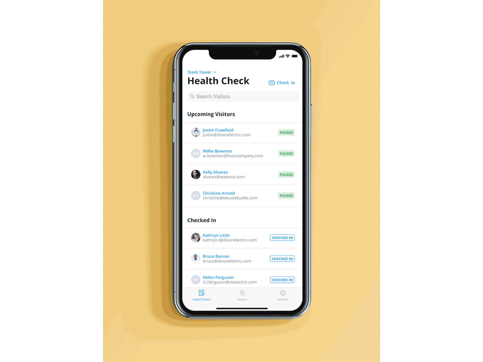 Health Check dashboard — upcoming visitors and checked-in list